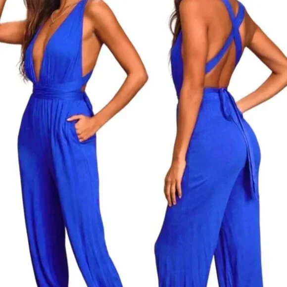 Lulus Lolinda Halter Convertible Jumpsuit Size Medium Blue Gauze - Picture 1 of 13